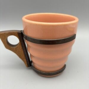 Bauer Pottery Look Alike Wood Mug / Cup Peach Ringed Cup Glass‎ w Holder MCM